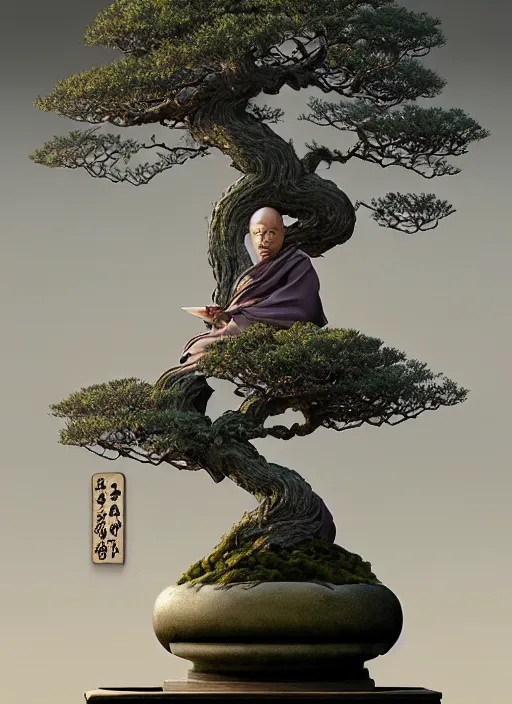 Image similar to shinto monk with a bonsai growing out of his head, intricate, rim light, octane render, by tomasz alen kopera, cgsociety and fenghua zhong, highly detailed, art, cinematic lighting, very coherent, hyper realism, high detail, 8 k