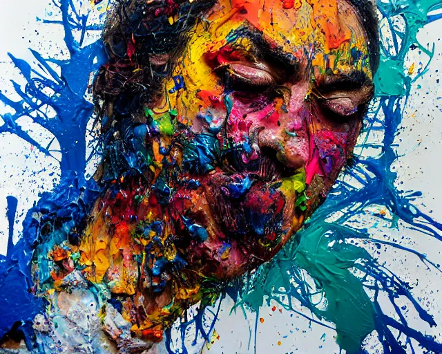 Prompt: abstract expressionist portrait of a head made of very thick impasto paint and acrylic pour and coloured powder explosion and splashing paint and dripping paint and flying paint chunks, eyes closed or not visible, expressing strong emotions, art by antony micallef, motion blur, hyperrealistic, intricate art photography, anatomically correct, realistic crisp textures, 1 6 k