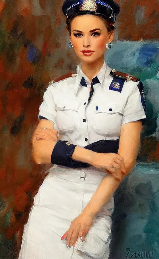 Prompt: Elegant lady in police uniform. By Konstantin Razumov, highly detailded