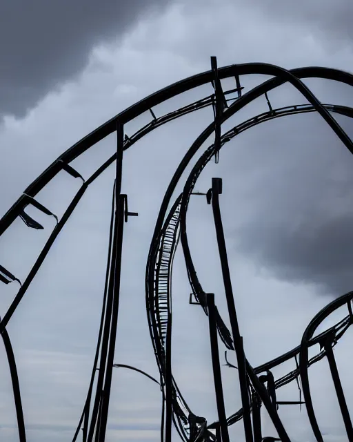 Prompt: a high definition photograph of a roller coaster track that goes out of sight into the dark clouds