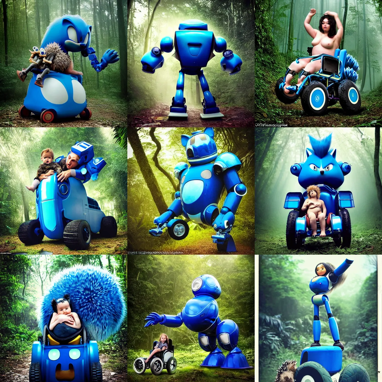 Prompt: epic pose!!! giant oversized battle blue sonic robot chubby mech baby sport wheelchair! double decker with giant oversized hair and hedgehog babies ,in deep jungle forest , full body , Cinematic focus, Polaroid photo, vintage , neutral dull colors, soft lights, foggy mist , by oleg oprisco , by thomas peschak, by discovery channel, by victor enrich , by gregory crewdson