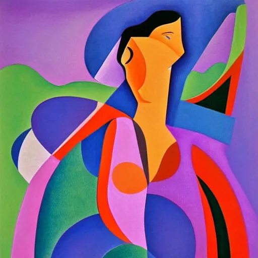 Image similar to woman woman as the natural landscape, her curves form the mountains and rivers of this land , high quality art in the style of cubism and georgia o’keefe,