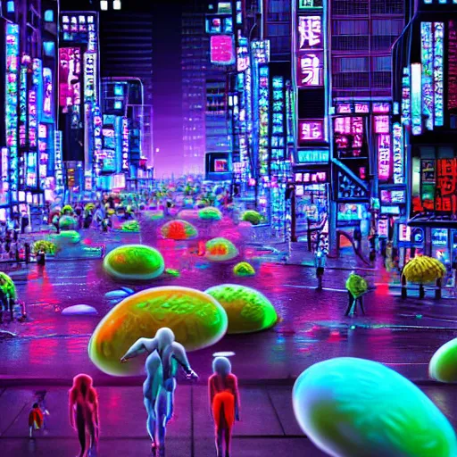 Image similar to giant colorful bright microbe and virus and dna and bacteriophage eat people in streets, neo - tokyo, realistic, 8 k, ultra detailed