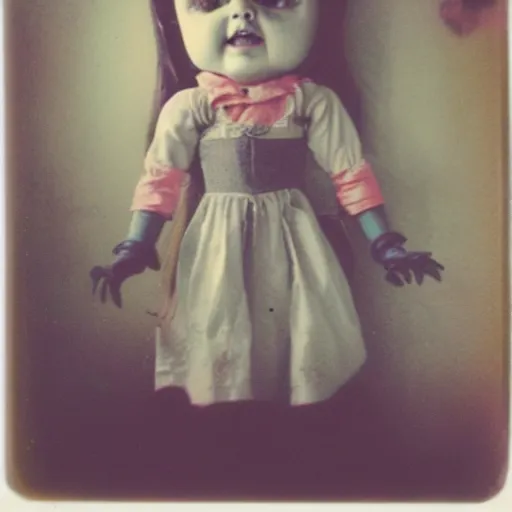 Prompt: a very beautiful picture of a creepy doll in a bathroom, polaroid, old