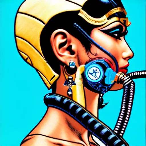 Image similar to a profile photo of a egyptian woman with a diving oxygen mask with side profile blood in ocean intricate details by MARVEL comics and Sandra Chevrier-C