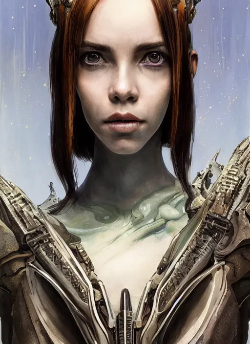 Image similar to a professional painting of a beautiful young female alien, clothed in ethereal armor, olive skin, long dark hair, beautiful bone structure, symmetrical facial features, intricate, elegant, digital painting, concept art, smooth, sharp focus, illustration, from Valerian and the City of a Thousand Planets, by Ruan Jia and Mandy Jurgens and Artgerm and William-Adolphe Bouguerea