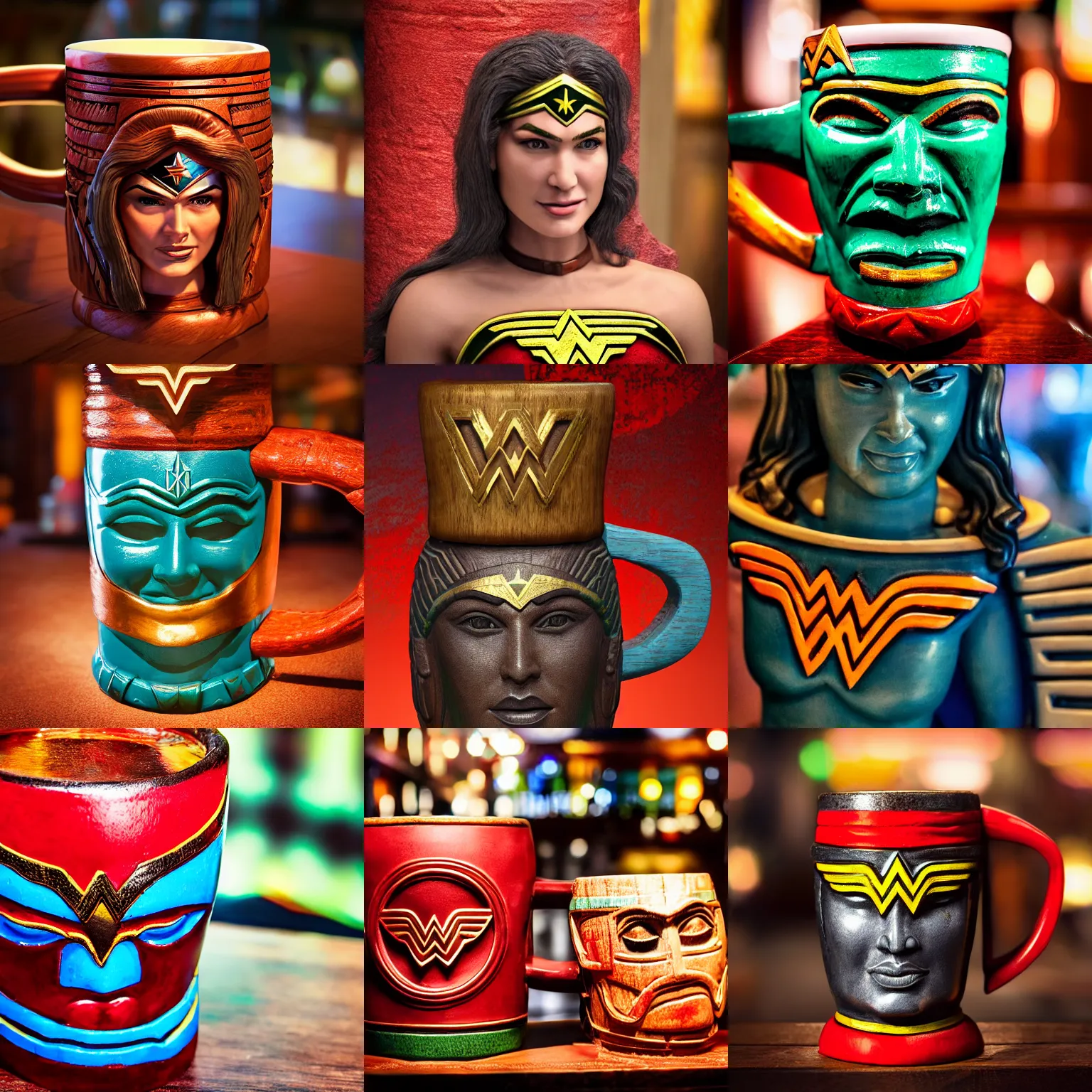 Image similar to a closeup photorealistic photograph of wonder woman tiki style mug at trader vic's bar. brightly lit scene. this 4 k hd image is trending on artstation, featured on behance, well - rendered, extra crisp, features intricate detail, epic composition and the style of unreal engine.