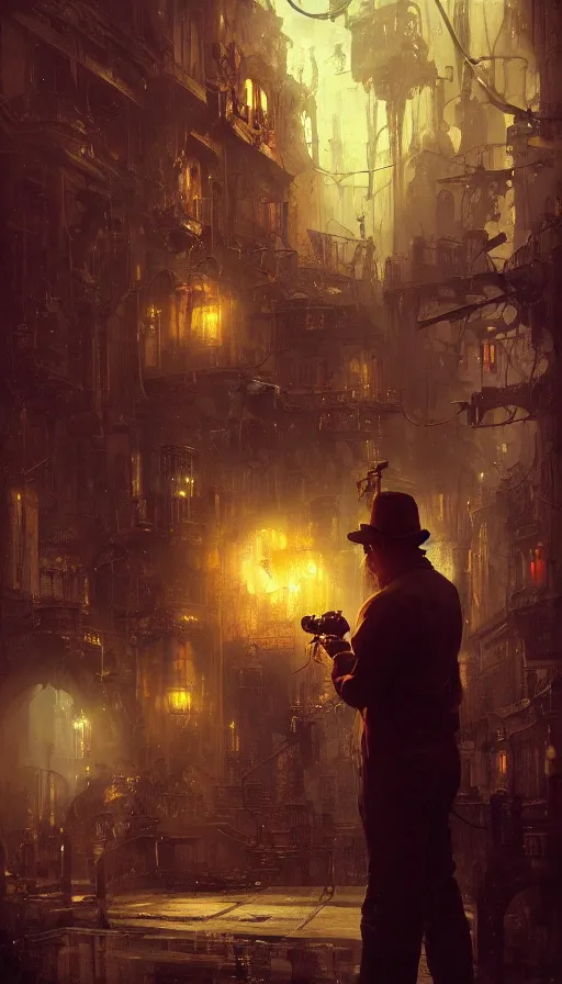 Image similar to hyper realistic photographer looking through camera towards viewer, magical, steampunk, painted by mike mignola, craig mullins, j. c. 8 k