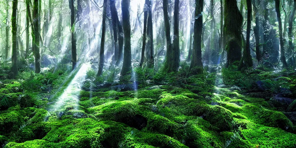 Image similar to deep lush forest floor with dark green and blue ferns and moss, droplets of crystal clear water on the leaves, rays of sunlight coming through the clouds after rain, magical fairytale, sparkling particles, magical dust, glitter shimmering in the light