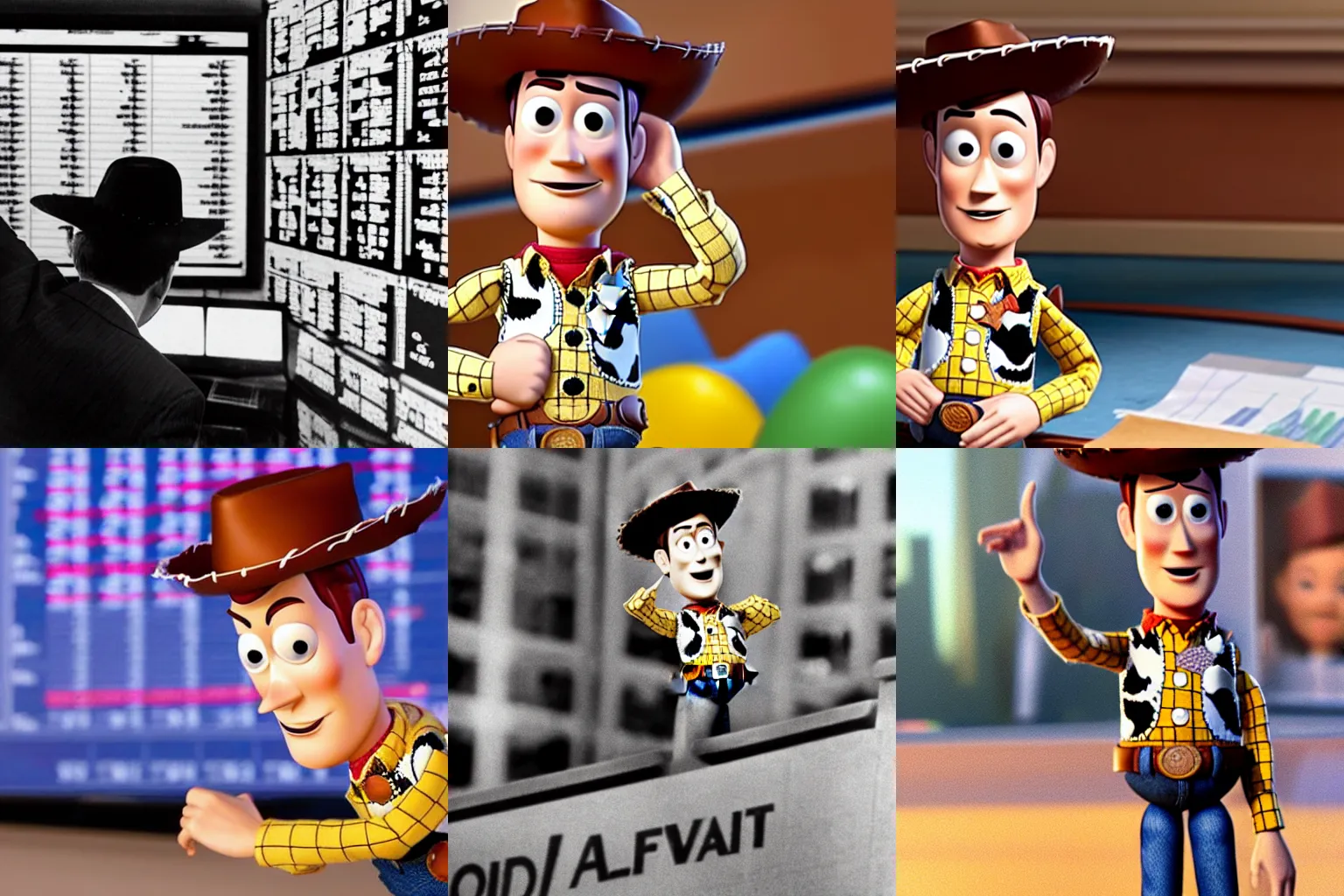 Prompt: Woody as a stock market trader in Toy Story Wall Street Financial Crisis, clutching his hat watching the stock market crash on the trading floor, red dow jones graphs behind