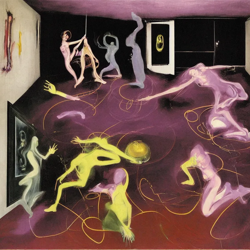 Image similar to Man and woman start to bounce in a living room of a house, floating dark energy surrounds the middle of the room. There is one living room plant to the side of the room, surrounded by a background of dark cyber mystic alchemical transmutation heavenless realm, cover artwork by francis bacon and Jenny seville, midnight hour, part by adrian ghenie, part by jeffrey smith, part by josan gonzales, part by norman rockwell, part by phil hale, part by kim dorland, artstation, highly detailed