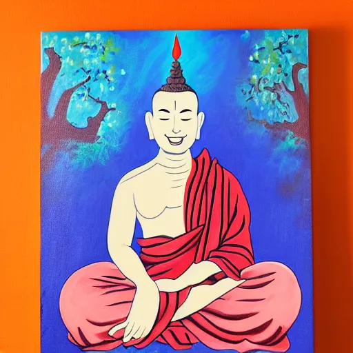 Prompt: canvas painting of cat buddhist monk cartoon, meditating, sitting, front view, eyes closed