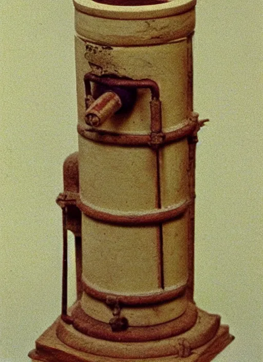 Image similar to ultra very realistic photo of a a medieval temple chemistry appliance pump, made of wood white clay 1 9 9 0, life magazine photo, natural colors, museum collection, kodak