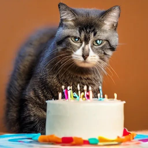 Prompt: photo of a cute happy cat celebrating his birthday with a cake. highly - detailed, sharp focus, award - winning