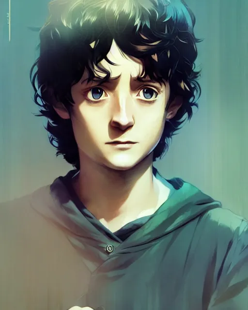 Image similar to poster Anime playing Frodo Frodo || cute-fine-face, pretty face, realistic shaded Perfect face, fine details. Anime. realistic shaded lighting by Ilya Kuvshinov katsuhiro otomo ghost-in-the-shell, magali villeneuve, artgerm, Jeremy Lipkin and Michael Garmash and Rob Rey Elijah Wood