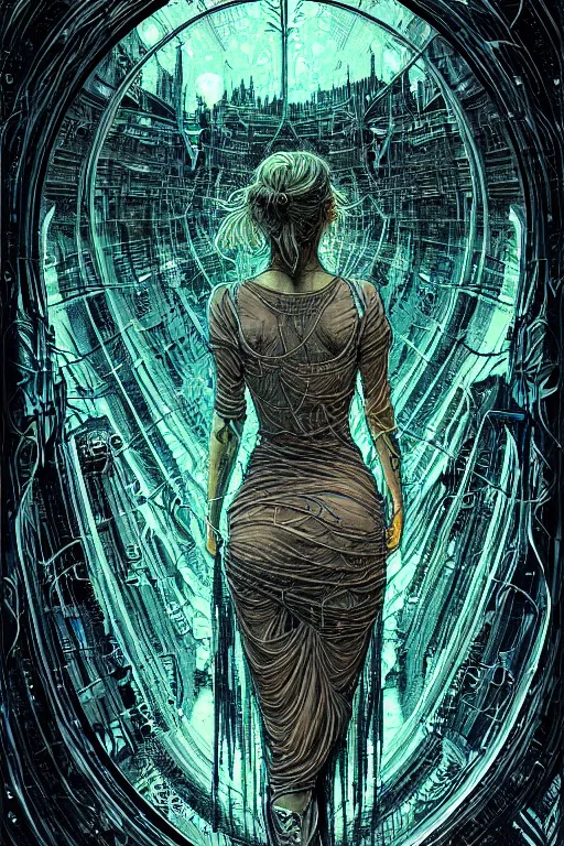 Image similar to dreamy cyberpunk girl, abstract mirrors, digital nodes, beautiful woman, detailed acrylic, grunge, intricate complexity, by dan mumford and by alberto giacometti, arthur rackham