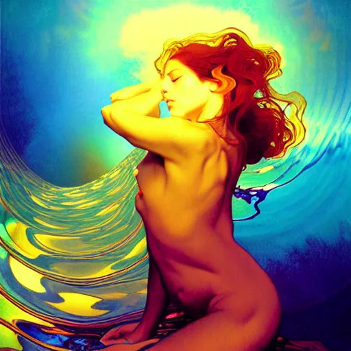 Image similar to transcendent mind bending indigo waves of glossy psychedelic liquid honey flowing like kaleidoscopic translucent amber, lsd waves, honey ripples, enlightenment, dramatic professional lighting, refracted sunset lighting, highly detailed, concept art, art by collier, albert aublet, krenz cushart, artem demura, alphonse mucha