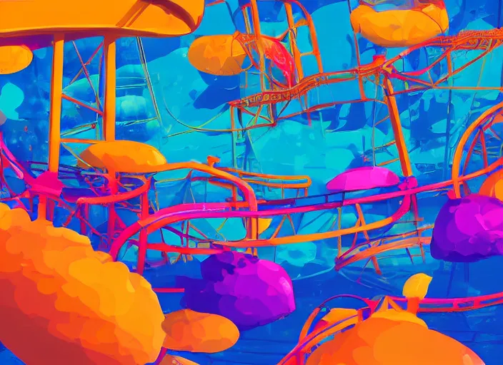 Prompt: An amusement park underwater, warm color palette, digital art