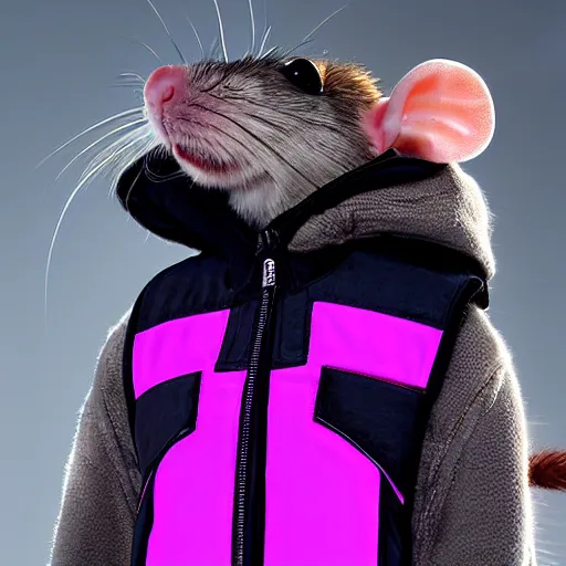 Image similar to a rat wearing a puffer vest, synthwave