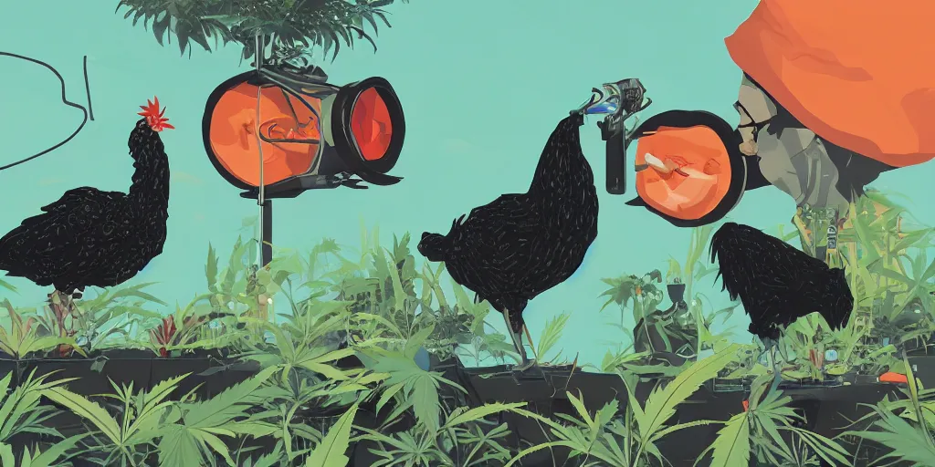 Image similar to 'black chicken!!!' smoking 'cannabis'!!!!!! in front of multi monitors broadcasting studio, artwork by James Gilleard