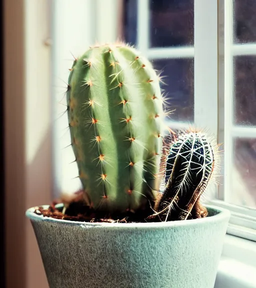 Image similar to a vintage photo of a cactus in a pot on a sunny windowsill