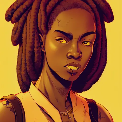 Prompt: Alberto Mielgo portrait design of an afropunk female character in a favela street, medium shot, asymmetrical, profile picture, painting by Alberto Mielgo and Laurie Greasley and Lois van Baarle, trending on artstation,