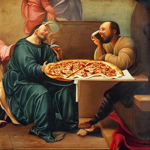 Image similar to a renaissance painting of a man eating pizza on the couch in his pajamas