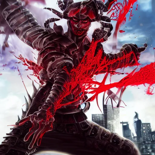 Image similar to demon samurai made by Yusuke Murata, Tomohiro Shimoguchi, Takeshi Obata, Masakazu Katsura,short hair, scar in one eye, red particles around ,destroyed city in the background,artstationCGsociety, full length, exquisite detail, post-processing, masterpiece, volumetric lighting, cinematic, hypermaximalistic, high details, cinematic, 8k resolution, beautiful detailed, insanely intricate details,ArtStation, CGSociety