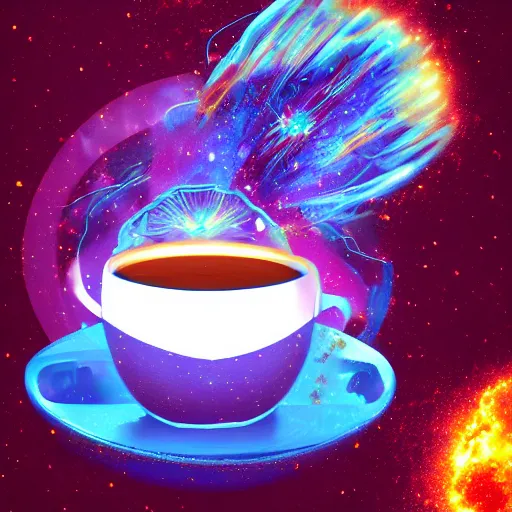 Image similar to a cosmic explosion inside a cup of coffee, digital art, trending on artstation