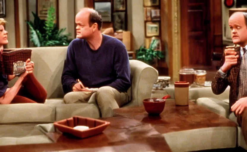 Prompt: the episode of frasier where the living room is flooded with chocolate