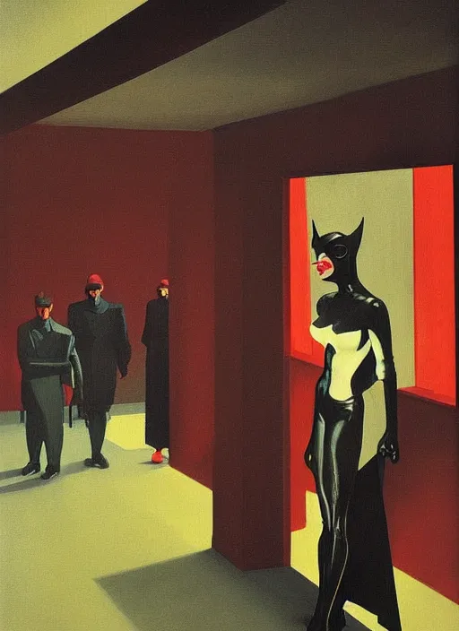 Image similar to catwoman in line at the art deco hospital painting by Edward Hopper and James Gilleard, Zdzislaw Beksinski highly detailed