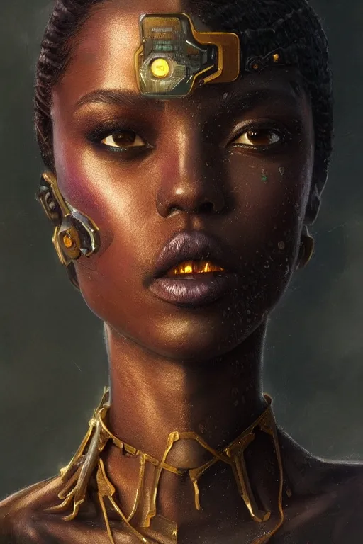 Image similar to ultra realistic illustration, dappled lighting, closeup portrait shot, black american, perfect lighting, hacknaut cyberpunk, sci - fi, fantasy, intricate, elegant, deviantart, highly detailed, digital painting, artstation, concept art, smooth, sharp focus, illustration, art by artgerm and greg rutkowski and alphonse mucha