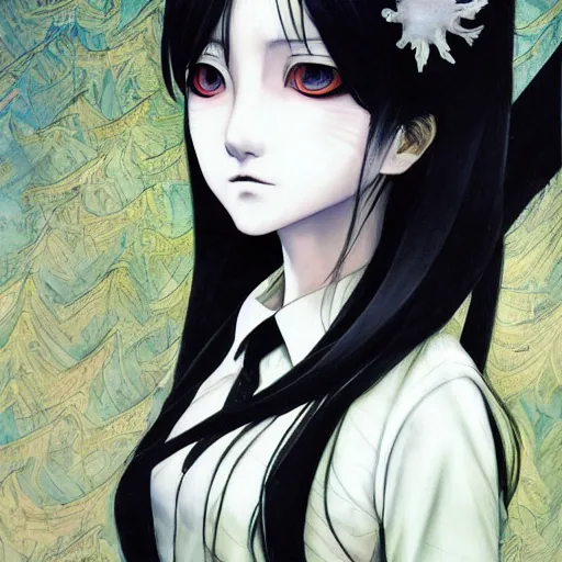 Prompt: yoshitaka amano realistic illustration of a sinister anime girl with black eyes and long wavy white hair wearing dress suit with tie and surrounded by abstract junji ito style patterns in the background, soft analogous colors, blurry and dreamy illustration, noisy film grain effect, highly detailed, oil painting with expressive brush strokes, weird portrait angle