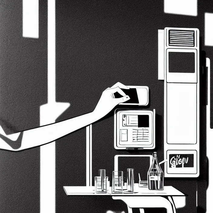 Image similar to girl's hand inserts a card into a slot. inside a minimalist dirty automated kiosk. bright tasty food options displayed on a wall. black tiles on walls. a seat and table. black and white, pencil and ink. by gabriel hardman, joe alves, chris bonura. cinematic atmosphere, detailed and intricate, perfect anatomy