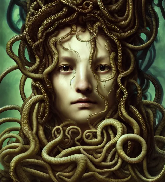 Prompt: portrait of medusa gorgon. intricate, centered, amazing composition by amano yoshitaka, by rembrandt, illustrious makinami, digital art, digital painting, artstation trending, unreal engine, fractal flame, transparent jellyfish, transparent feathers, bio luminescent