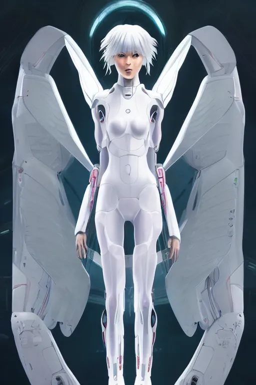 Image similar to white arc-angel with mystic robotic wings, akira, ghost in the shell, 2077, ultra detailed, digital art, 8k ,character ,realistic, portrait, hyperrealistic