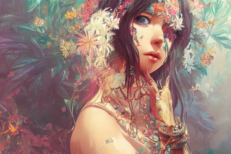 Image similar to a beautiful bohemian girl, intricate, highly detailed, digital painting, pixiv, official media, anime key visual, concept art, rich vivid colors, ambient lighting, sharp focus, illustration, art by wlop