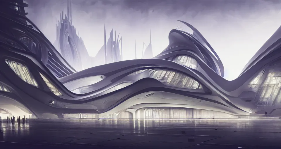 Image similar to cinematic shot, futuristic building, crowded, utopian, zaha hadid, bright, white, lights, digital painting, artstation, concept art, smooth, sharp focus, illustration, intricate, elegant, highly detailed, in the style of greg rutkowski and alphonse mucha and artemisia, 8 k, highly detailed, jurgens, rutkowski