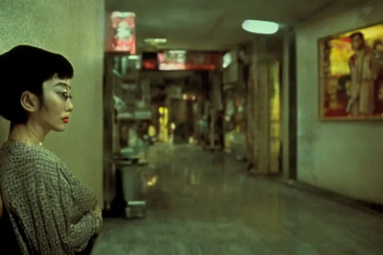 Prompt: wong kar wai lonely woman indoors movie scene