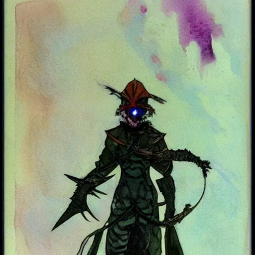 Prompt: watercolor, final fantasy tactics character, masked, martian, artwork by harry clarke, shrouded