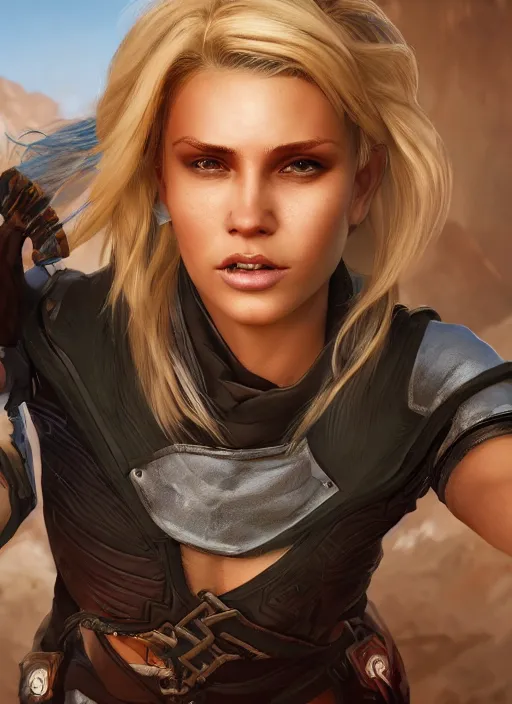 Image similar to An epic fantasy comic book style portrait painting of an athletic female thief with blonde hair dancing, unreal 5, DAZ, hyperrealistic, octane render, cosplay, RPG portrait, dynamic lighting, high detail