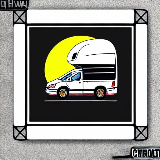 Image similar to white and black cute thor chateau motorhome camper, highway, mountains and sunset!!, everything enclosed in a circle, happy, professional colorful etching illustration, logo