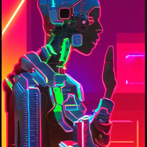 Image similar to Beeple art of a beautiful black male cyborg, neon cyberpunk