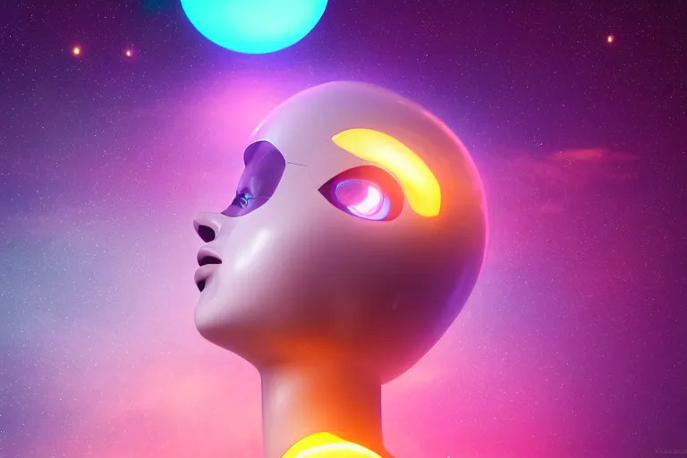 Prompt: a beautiful calm robot girl looking up to the stars, photograph, colorful background, render, 3 d, render, glows, neon, 8 k, 4 d,