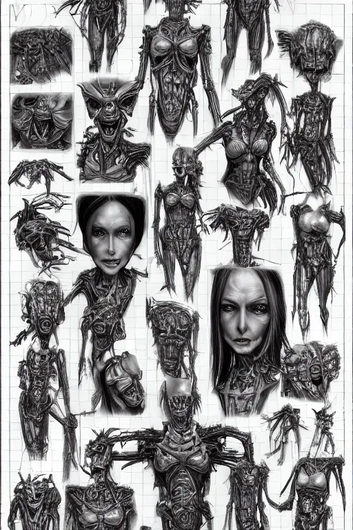 Image similar to she devil with gunmetal grey skin, medical anatomy, very symmetrical face, highly detailed, mecha, three - perspective / three - view reference sheet ( front / back / side ), in the style of dan ouellette, hr giger, sil from species, dren from splice, biomechanical, artstation, unreal engine