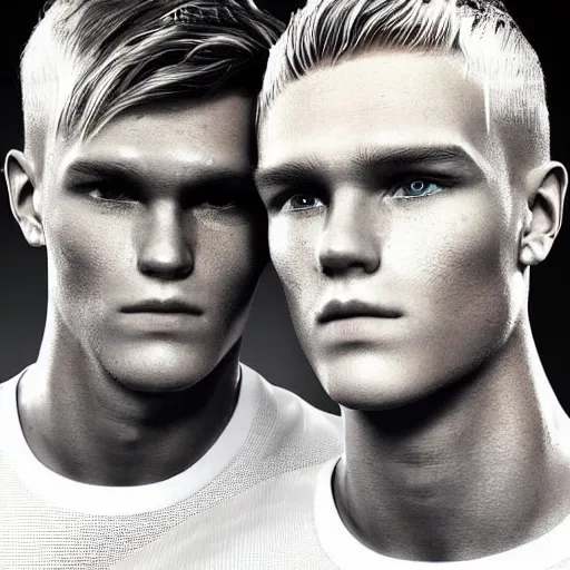 Image similar to a realistic detailed photo of a guy who is an attractive humanoid who is half robot and half humanoid, who is a male android, soccer player martin ødegaard, shiny skin, posing like a statue, blank stare, in a living room, on display, showing off his muscles, with a twin