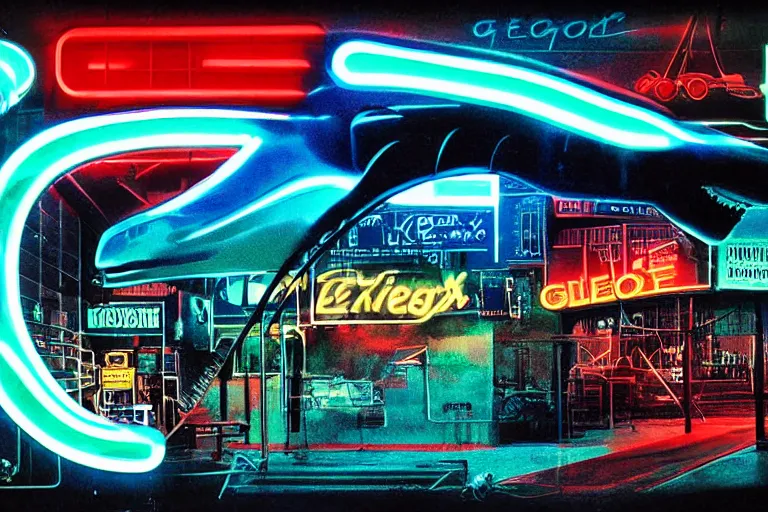 Image similar to designed by Giorgetto Giugiaro poster of a T-Rex thick neon lights, ektachrome photograph, volumetric lighting, f8 aperture, cinematic Eastman 5384 film