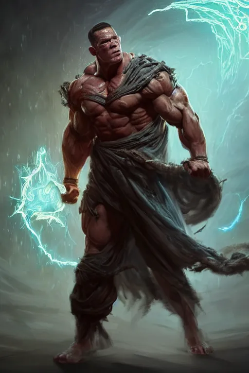 Image similar to full body portrait of john cena as a buff sorcerer casting a magical spell, tattered robe, by wlop and peter mohrbacher, dramatic action pose, extremely detailed shading, sharply focused, concept art, digital painting, trending on artstation, unreal engine 5, octane render, atmosphere, glow, cinematic lighting, full of color