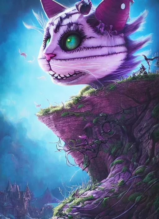 Image similar to cheshire cat, highly detailed, cinematic, 8 k, by megan duncanson, benjamin lacombe, stanley artgermm, tom bagshaw, craig mullins, carne griffiths, ayami kojima, beksinski, giger, trending on deviantart, hyper detailed, horror, full of colour