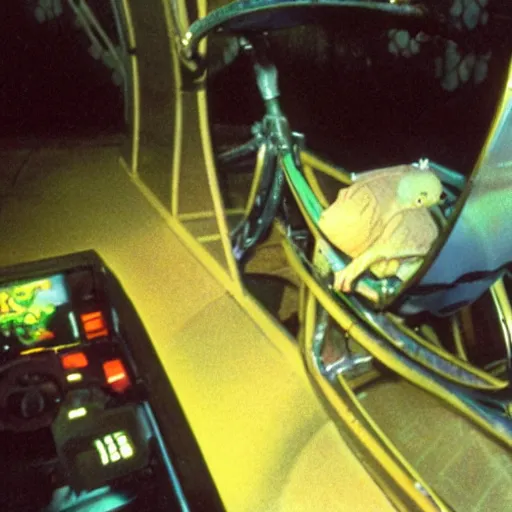 Image similar to 1990s photo of inside the E.T. ride at Universal Studios in Orlando, Florida, riding the flying bike with E.T. , cinematic, UHD